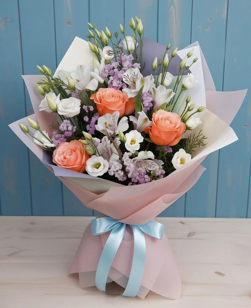 Букет цветов из: Лизиантусы, Розы, Альстромерии и Гипсофила в Тарбушево