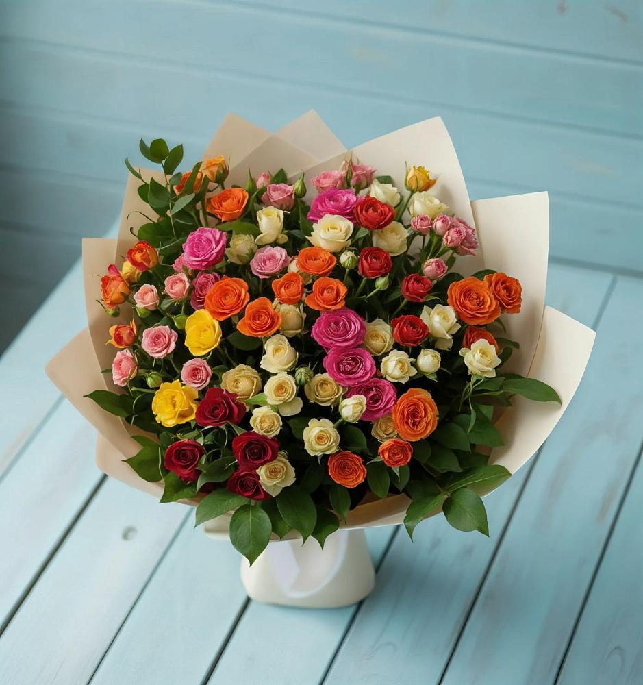 Букет Микс из разноцветных кустовых роз в Тарбушево