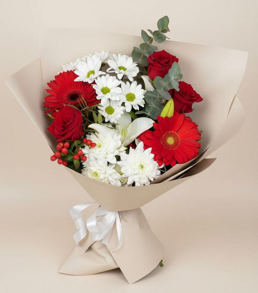 Букет цветов из: Розы, Хризантемы, Герберы и Лилии в Тарбушево