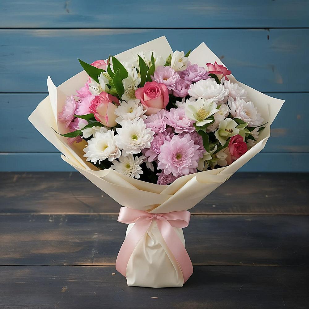 Букет цветов из: Хризантемы, Альстромерии и Розы в Тарбушево